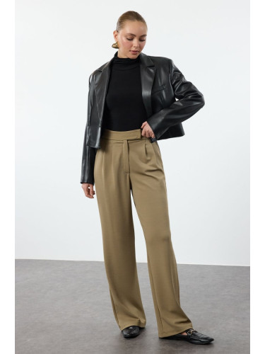 Trendyol Dark Khaki Velcro Closure High Waist Pleated Wide Leg/Wide Cut Trousers