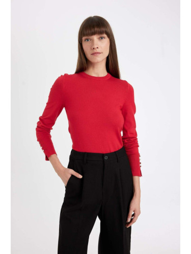 DEFACTO Women's Red Regular Fit Soft Texture Button Detailed Crew Neck Sweater