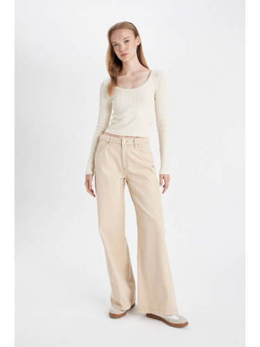 DEFACTO Wide Leg Wide Leg Regular Waist Plain Basic Gabardine Beige Trousers