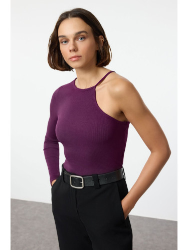 Trendyol Plum Corded Fitted Crew Neck Single Sleeve Stretchy Knitted Blouse