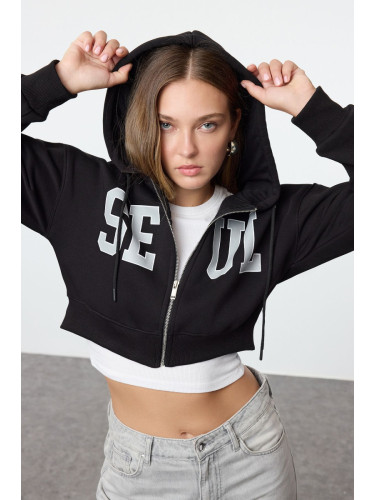 Trendyol Black Slogan Embroidery Detailed Hooded Crop Regular/Normal Fit Knitted Sweatshirt