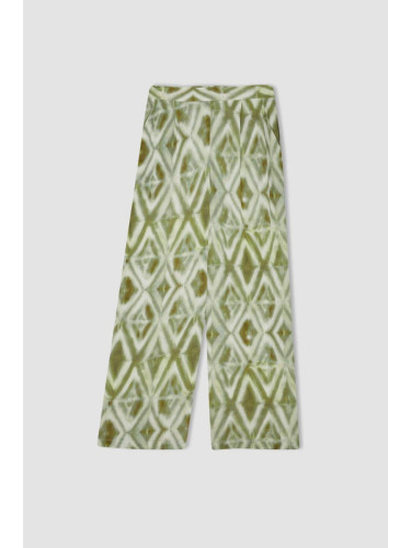 DEFACTO Relax Fit Patterned Pocket Wide Leg Crinkle Viscose Trousers