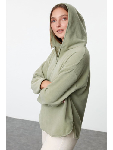 Trendyol Khaki Thick Fleece Hooded and Zippered Oversize/Wide Fit Knitted Sweatshirt