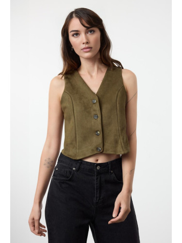 Trendyol Dark Green Fitted Buttoned Suede Woven Vest