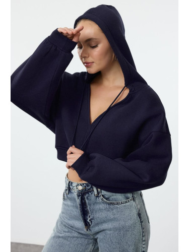 Trendyol Navy Blue Thick Fleece Hooded V-Neck Relaxed Cut Crop Knitted Sweatshirt