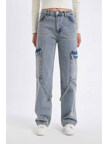 DEFACTO Wide Leg Cargo High Waist Long Jean Washed Trousers