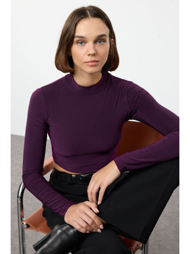 Trendyol Plum High Collar Backless Fitted Crop Stretchy Knitted Blouse