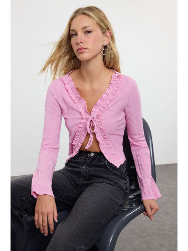 Trendyol Pink Ruffle Detailed Front Tie Ribbed Stretchy Crop Knitted Blouse