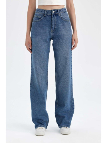 DEFACTO Straight Wide High Waist Long Jean Washed Trousers