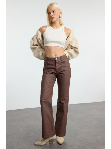 Trendyol Brown Coated High Waist Wide Leg Jeans