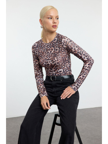 Trendyol Multicolored Leopard Animal Patterned Fitted/Fits Body Gathered/Drape Detailed Knitted Blouse