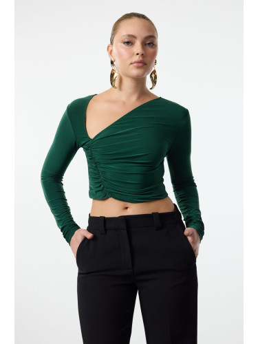 Trendyol Emerald Green Crop Draped Knitted Blouse