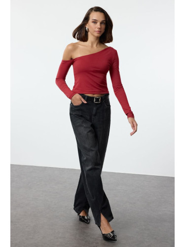 Trendyol Red One Shoulder Cotton Slim Fit Crop Knitted Blouse