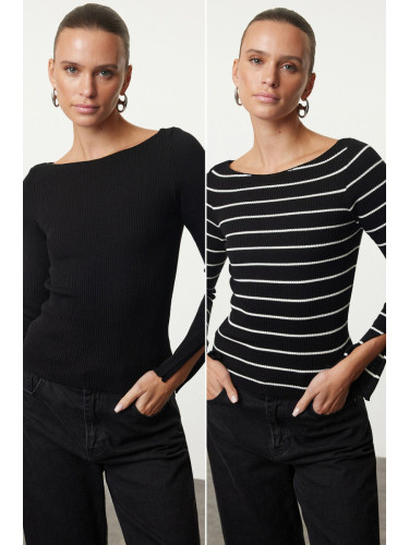 Trendyol Black-Ecru Basic 2-Pack Plain-Striped Knitwear Sweater