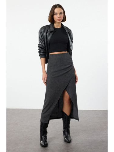 Trendyol Black Double Breasted Textured Gathered/Draped Detailed Midi Skirt