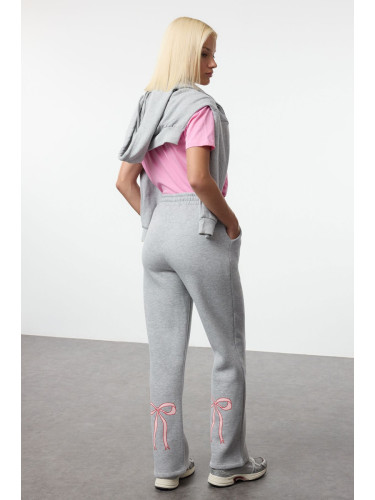 Trendyol Grey Melange Straight/Straight Leg Bow Printed Knitted Sweatpants