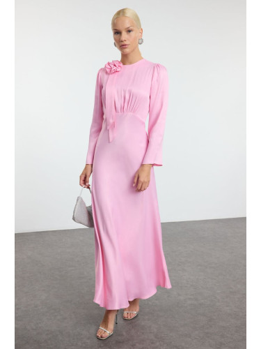 Trendyol Pink Rose Detailed Special Day Woven Satin Evening Dress