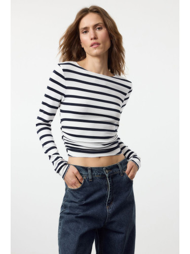 Trendyol Navy Blue*001 Striped Fitted/Fits on the Body Gathered/Drape Detailed Flexible Knitted Blouse