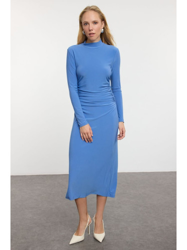 Trendyol Blue Plain Drape Detailed High Collar A-Line Flexible Midi Knitted Knitted Dress