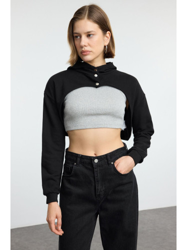 Trendyol Black Crop Snap Hooded Knitted Sweatshirt