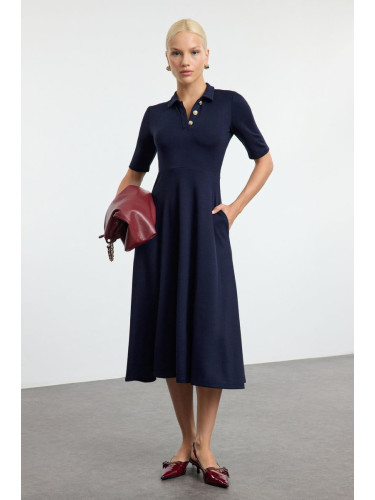 Trendyol Navy Blue Button-down Collar Three Quarter Sleeve Skater/Waist Open Midi Knit Dress