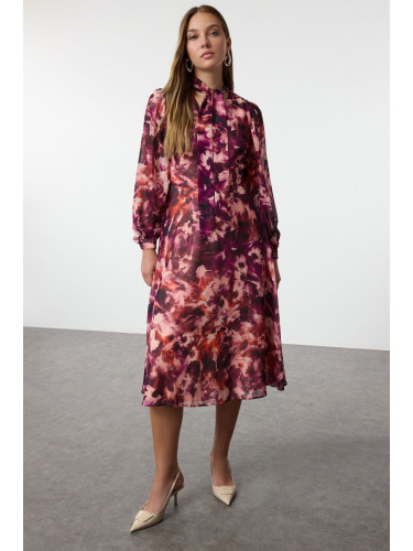 Trendyol Multicolored Floral Patterned A-Line Scarf Collar Lined Chiffon Midi Woven Dress