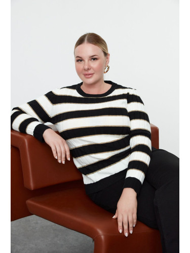 Trendyol Curve Black-Ecru Striped Crew Neck Knitwear Sweater