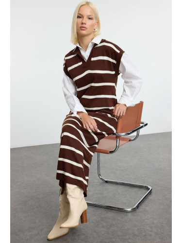 Trendyol Brown Striped Long Knit Sweater