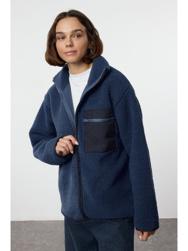 Trendyol Winter Essentials Indigo Thick Fleece Zippered Stand-Up Collar Pocket Knitted Sweatshirt