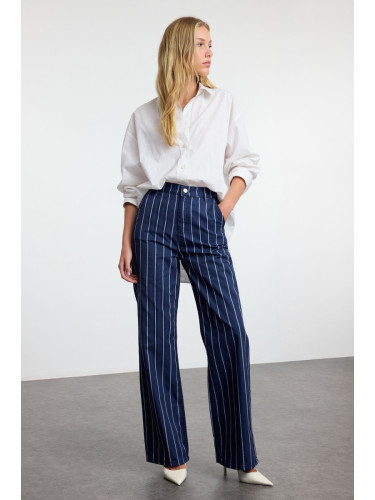 Trendyol Navy Blue Chain Striped High Waist Wide Leg Jeans