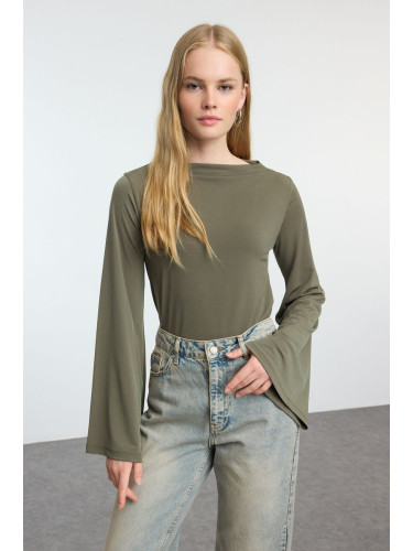 Trendyol Khaki Relaxed/Comfortable Fit Spanish Sleeve Stretchy Knitted Blouse