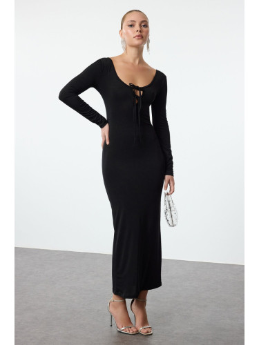 Trendyol Black Body-Sit Knitted Long Dress with Tie Detail at Chest