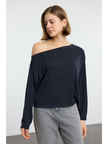 Trendyol More Sustainable Anthracite 100% Modal Fabric Boat Neck Relaxed/Comfortable Cut Knitted Blouse