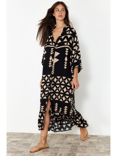 Trendyol Black Printed Midi Wide Neck Border Pattern Detailed Woven Dress