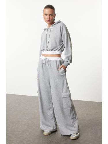 Trendyol Grey Melange Wide Leg Cargo Pocket Woven Garni Detailed Thick Knitted Sweatpants