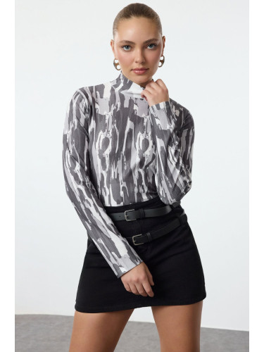 Trendyol Anthracite Printed Fitted Stand-Up Collar Long Sleeve Sweater/Textured Knitted Blouse