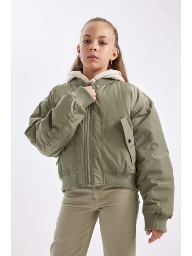 DEFACTO Girl's Removable Hooded Ribbed Sleeved Snap Pocket Bomber Jacket