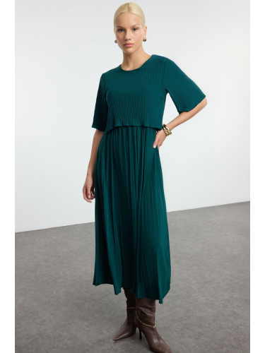 Trendyol Emerald Green Pleated Skater Midi Crew Neck Stretchy Knitted Dress