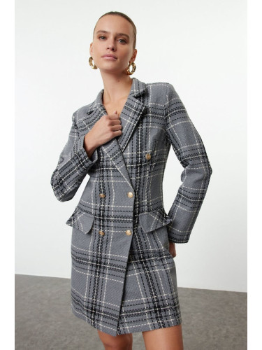 Trendyol Gray Plaid / Checkered Woven Winter Jacket Dress