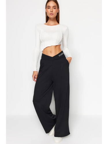 Trendyol Black Print Detail Wide Leg/Casual Fit Asymmetrical Waist Knitted Pants