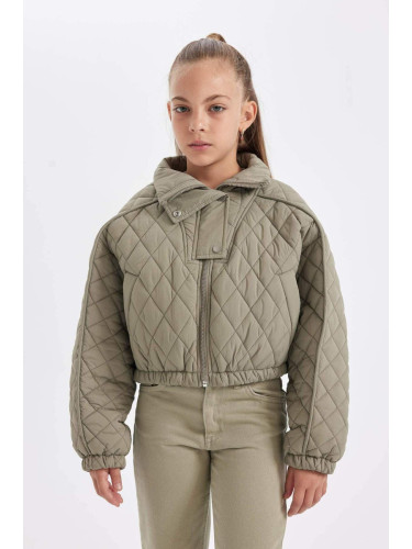 DEFACTO Girl Water Repellent Stand Collar Snap-Flat Quilted Elastic Waist Pocket Puffer Coat