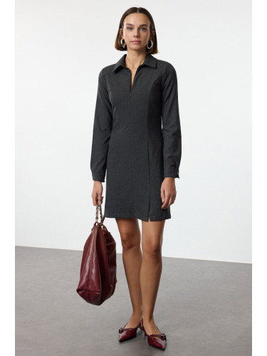 Trendyol Anthracite A-Line Shirt Collar Zipper Detailed Polyviscose Mini Woven Dress