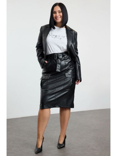 Trendyol Curve Black Faux Leather Pocket Woven Plus Size Skirt