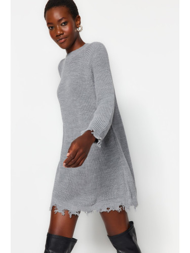 Trendyol Gray Mini Knitwear Wide Patterned Plain Dress with Draping Detail