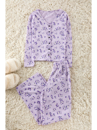 Trendyol Lilac Cotton Floral Ribbed Knitted Pajama Set