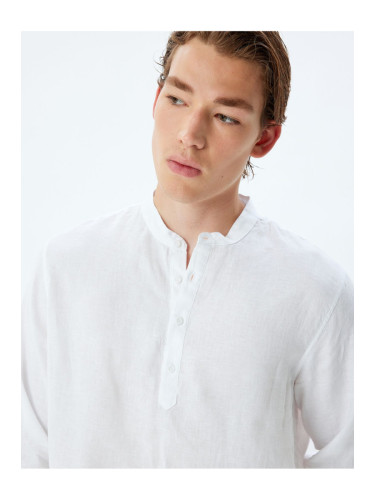 Koton Collarless Linen Shirt Long Sleeve Button Detail