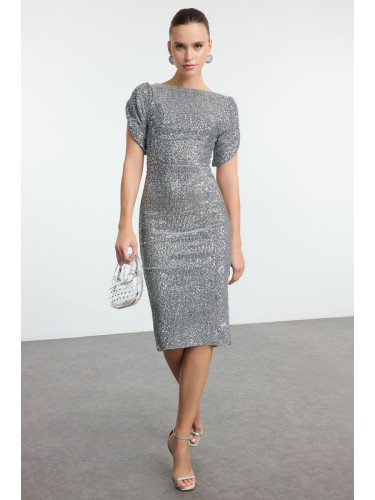 Trendyol Silver Body-Styling Glitter Knitted Sequin Elegant Evening Dress