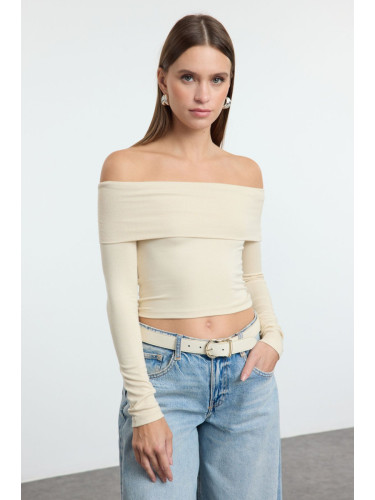 Trendyol Stone Carmen Collar Crop/Short Flexible Knitted Blouse