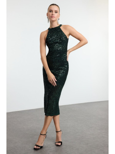 Trendyol Emerald Green Fitted Knitted Lined Glitter Sequin Chic Evening Dress