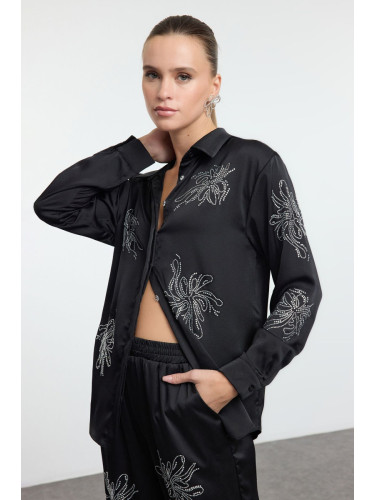 Trendyol Black Shiny Stone Printed Satin Woven Shirt